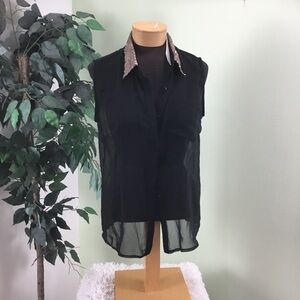 PINKY Large black sheer button down sleeveless top